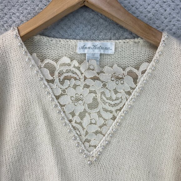 Vtg 80s Ann Katrine Womens Sweater Lambs Wool Angora Dolman Pearl Lace V-Neck Md - Picture 13 of 13